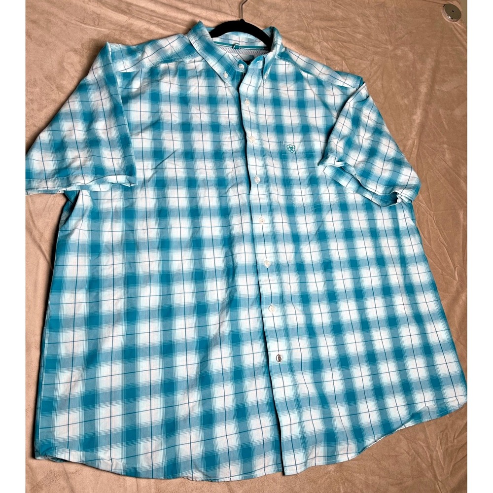 Ariat Men's Polo Series Short Sleeve Plaid Shirt Turquoise XXL